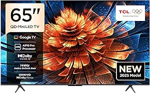 TCL 65 inç Akıllı TV 4K QD-Mini LED Renkli Quantum Crystal HDR10+ Oyun Google TV, 144Hz Doğal Yenileme Hızı, ONKYO 2.1 Hi-Fi Ses Sistemi, Dolby Atmos, Yapay Zekâ Modu, Game Master-65Q6C (2025 Modeli)