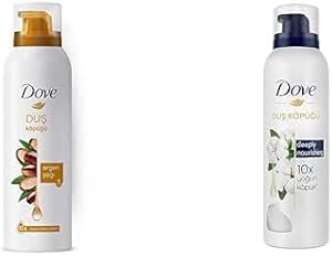 Dove Köpük Duş Jeli Argan Yağı 10 Kat Daha Yoğun Köpüğe Sahip Kremsi Formül, 200 ml ve Dove Duş Köpüğü Depply Nourishing 10 Kat Daha Yoğun Köpüğe Sahip Formül 200 ml