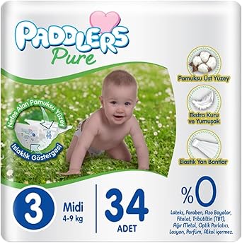 Paddlers Pure Bebek Bezi 3 Numara Midi 34 Adet (4-9 kg) Eko Paket