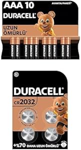 Duracell Alkalin AAA İnce Kalem Piller, 1,5 V LR03/MN2400, 10’lu Paket + Duracell Özel 2032 Lityum Düğme Pil 3 V, (CR2032) 4’lü Paket