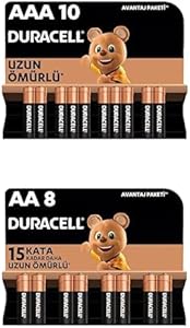 Duracell Alkalin AAA İnce Kalem Piller, 1,5 V LR03/MN2400, 10’lu Paket + Duracell Alkalin AA Kalem Piller, 1,5 V LR6/MN1500, 8’li Paket