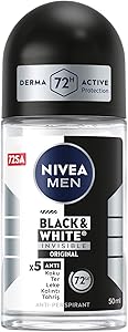 NIVEA MEN Erkek Roll On Deodorant Black&White Invisible Original 50 ml,72 Saat Anti-perspirant Terleme ve Ter Kokusuna Karşı Koruma,Giysilerde Leke Karşıtı,Erkeksi Koku,Etil Alkol İçermez