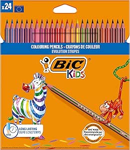 BIC Kids Evolution Stripes Kuru Boya Kalemi, 24’lü Kutu, Kıymık Oluşturmaz, Çiğnemeye Karşı Dayanıklı, Kolay Açılır