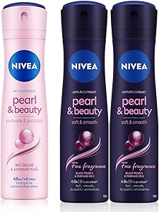 NIVEA Kadın Sprey Deodorant Pearl & Beauty, Ter ve Ter Kokusuna Karşı, 48 Saat Koruma, Pürüzsüz Koltuk Altı, 150 ml + NIVEA Kadın Sprey Deodorant Pearl&Beauty Fine Fragrance,48 Saat Koruma 150ml X2