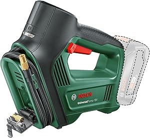 Bosch Home and Garden elektrikli hava pompası, hava kompresörü, evrensel pompa, 18 V (pilsiz, 18 Volt sistemi, otomobil, motosiklet ve bisiklet lastikleri için, 150 psi, 10,3 bar, karton ambalajında)
