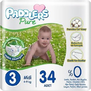 Paddlers Pure Bebek Bezi 3 Numara Midi 34 Adet (4-9 kg) Eko Paket