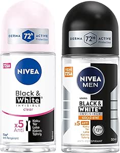 NIVEA Kadın Roll On Deodorant Black & White Invisible Clear 48 Saat Anti-Perspirant Koruma (50 ml) ve NIVEA Men Erkek Roll…