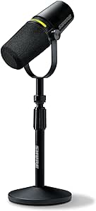 Shure MV7+ Podcast Dynamic Microphone with Stand. Enhanced Audio, LED Touch Panel, USB-C & XLR Outputs, Auto Level Mode, Digital Pop Filter, Reverb Effects, Podcasting, Streaming, Recording – Black