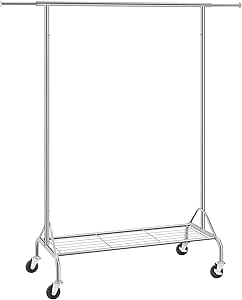 SONGMICS Metal Elbise Askısı, Ayakkabı Raflı, Tekerlekli, Ağır Yükler Taşıyabilir, 50 Kg Taşıma Kapasiteli, Uzunluk 110,5-150,5 cm, Krom Kaplama Hsr02S