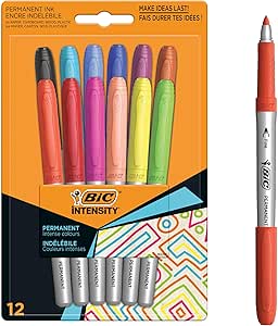 BIC Intensity Marking Colour Permanent Kalıcı Markör, 12’li Blister, 12 Canlı Renk, Kapağı 1 Ay Açık Kalsa da Kurumayan Mürekkep