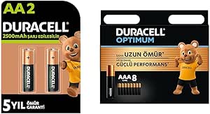 Duracell Şarj Edilebilir AA 2500 mAh Kalem Piller, 2’li + Duracell Optimum AAA Alkalin İnce Kalem Piller, 1,5 V LR03/MN2400, 8’li Paket