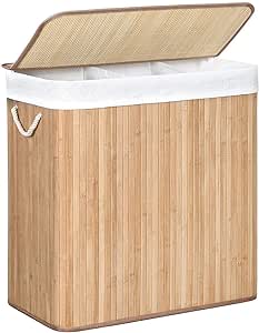 SONGMICS çamaşır sepeti, çamaşır toplayıcı, bambudan yapılmış, kulplu çamaşır sandığı, 3 bölme, klipsli kapak, 150 L, katlanabilir, çamaşır odası, yatak odası, banyo, doğal renk LCB091N01
