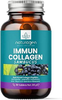 Naturagen Immun Collagen 30 Tablet Bağışıklık Güçlendirici Hidrolize Kolajen Peptitleri Tip 1 3 + B. Glukan + Vitamin A B6 B12 C D E + Glutatyon + Çinko Takviyesi (30 Tablet, Sambucus(Karamürver))