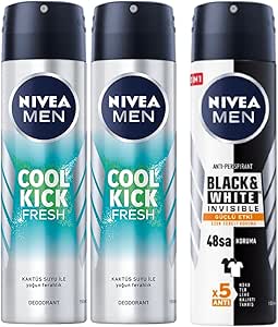 NIVEA Men Erkek Sprey Deodorant Cool Kick Fresh, 150 ml, Ter ve Ter Kokusuna Karşı 48 Saat KorumaX2 + NIVEA Men Erkek Sprey Deodorant Black&White Invisible Güçlü Etki 48 Saat Koruma (150ml)