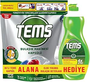 TEMS Bulaşık Makinesi Kapsülü 36’lı+Elde Yıkama Bulaşık Deterjanı 500 ml Hediyeli