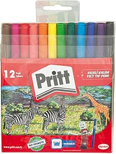 Pritt Keçeli Kalemler, çocuk dostu zararsız boya, su bazlı renkli kalem, silinebilir boya kalemi, dayanıklı kırtasiye malzemesi, 12 Renkli Paket