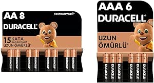 Duracell Alkalin AA Kalem Piller, 1,5 V LR6/MN1500, 8’li Paket + Duracell Alkalin AAA İnce Kalem Piller, 1,5 V LR03/MN2400, 6’lı Paket