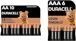 Duracell Alkalin AA Kalem Piller, 1,5 V LR6/MN1500, 10’lu Paket + Duracell Alkalin AAA İnce Kalem Piller, 1,5 V LR03/MN2400, 6’lı Paket
