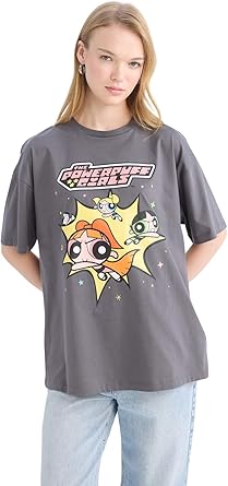 DeFacto Coool PowerPuff Girls Oversize Geniş Kalıp Bisiklet Yaka Baskılı Kısa Kollu Tişört