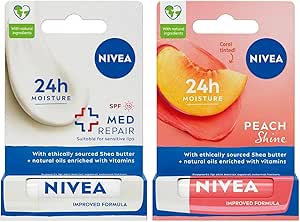 NIVEA Med Repair Dudak Bakım Kremi, SPF 15 4,8 ml + NIVEA Şeftali Dudak Bakım Kremi 4,8 g, Şeftali Kokusu