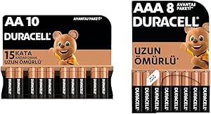 Duracell Alkalin AA Kalem Piller, 1,5 V LR6/MN1500, 10’lu Paket + Duracell Alkalin AAA İnce Kalem Piller, 1,5 V LR03/MN2400, 8’li Paket