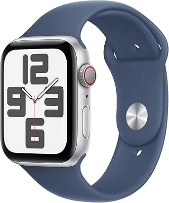 Apple Watch SE (2. nesil) GPS + Cellular 44 mm Gümüş Rengi Kasa Akıllı Saat ve Kot Rengi Spor Kordon – S/M. Fitness ve Uyku Takibi, Trafik Kazası Algılama, Kalp Atış Hızı Takibi, Retina Ekran