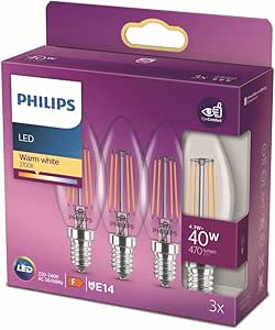 Philips LED Classic 40W B35 Led Mum Filament Ampul, 2700K Sarı Işık, E14 İnce Duy, Dim Edilmez, 3’lü Ekopaket