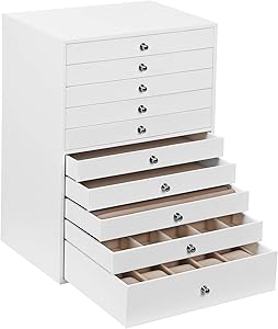 SONGMICS Mücevher kutusu, 10 seviyeli mücevher kutusu, büyük sentetik deri mücevher kutusu, çekmeceli ve saat minderi, JBC10W, beyaz, 29 x 20,5 x 40,5 cm