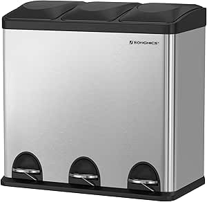 SONGMICS 54 Litre Pedallı Mutfak Çöp Kovası, 3 Bölmeli, İç Kovalar, Atık Ayırma İçin 6 Etiket, Atık Ayırma Sistemi, Gümüş-Siyah Ltb54L