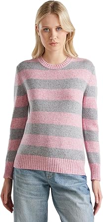 United Colors of Benetton Kadın Pembe Melanj%100 Yün Çizgili Shetland Kazak XL