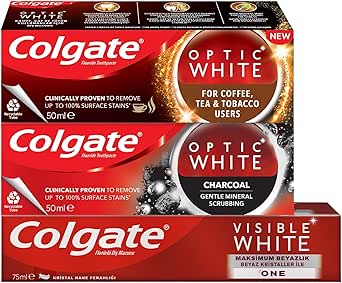 Colgate Optic White Çay, Kahve, Diş Macunu, 50 ml + Visible White Diş Macunu, 75 ml + Optic White Kömür, 50 ml