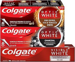 Colgate Optic White Çay, Kahve, Diş Macunu, 50 ml + Visible White Diş Macunu, 75 ml + Optic White Kömür, 50 ml