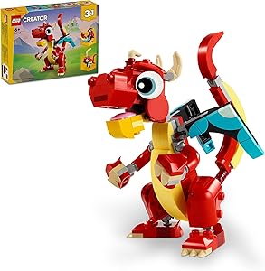 LEGO Creator Kırmızı Ejderha 31145-6 Yaş ve Üzeri Çocuklar için Balık ve Zümrüdüanka Model Seçenekleri İçeren 3’ü 1 Arada Yaratıcı Oyuncak Yapım Seti (149 Parça)