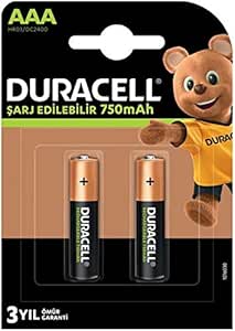 Duracell Şarj Edilebilir AAA İnce Kalem Pil (2’li paket) 750 mAh NiMH, 1000 Sarj Döngüsü, Önceden Sarj Edilmiştir