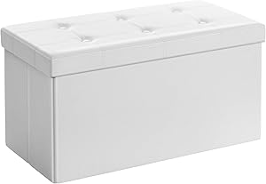 SONGMICS Tabure, 80 Litre, Saklama Kutusu, Ayak Taburesi, Katlanabilir, 300 Kg Taşıma Kapasitesi, Suni Deri Kılıf, Dolgulu, Beyaz Spf106
