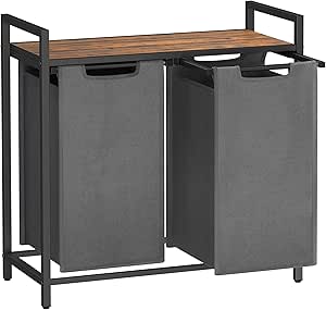 VASAGLE Çamaşır Sepeti 2 Bölmeli, Raflı Çamaşır Torbası, Çamaşır Kutusu, Oxford Kumaştan Uzatılabilir Çamaşır Torbası, Metal Çerçeve, 2 x 46 L, 73 x 33 x 72 cm, Vintage Kahverengi-Gri BLH201G01