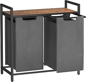 VASAGLE Çamaşır Sepeti 2 Bölmeli, Raflı Çamaşır Torbası, Çamaşır Kutusu, Oxford Kumaştan Uzatılabilir Çamaşır Torbası, Metal Çerçeve, 2 x 46 L, 73 x 33 x 72 cm, Vintage Kahverengi-Gri BLH201G01