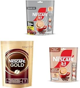 Nescafe 2’si 1 Arada Çözünebilir Kahve Karışımı 10’lu Paket x 3, Nescafé Gold Çözünebilir Kahve Ekopaket 100 g x 1, Nescafe 2si1 Arada Sütlü Köpüklü MP x 2