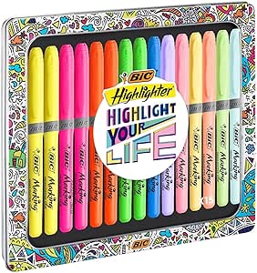 BIC Intensity Highlighter Fosforlu Kalem Koleksiyon Kutusu, Karışık ve Pastel Renkler, 15’li Metal Hediye Kutusu