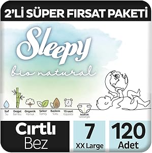 Sleepy Bio Natural 2’li Fırsat Paketi Bebek Bezi 7 Numara Xxlarge 120 Adet Cırtlı Bez