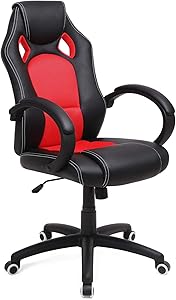 SONGMICS Yarış Sandalyesi, Ofis Sandalyesi, Oyun Sandalyesi, Yönetici Koltuğu, Döner Sandalye, Poliüretan, Siyah-Kırmızı, Obg56Br
