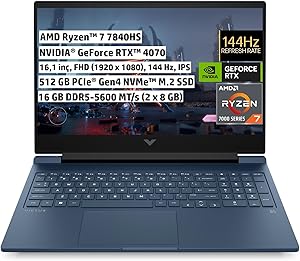 HP Victus Gaming Dizüstü Bilgisayar, 16,1 inç 144 Hz FHD IPS, AMD Ryzen 7-7840HS, 16 GB RAM, 512 GB SSD, NVIDIA GeForce RTX 4070, FreeDos, Performans Mavi, 7Z581EA