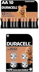 Duracell Alkalin AA Kalem Piller, 1,5 V LR6/MN1500, 10’lu Paket + Duracell Özel 2032 Lityum Düğme Pil 3V, (CR2032) 4’lü Paket